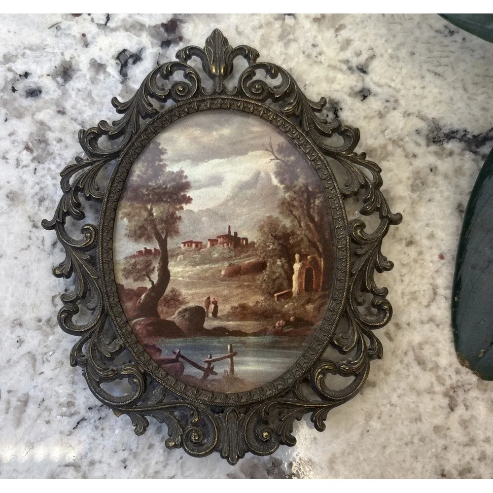 Small Ornate Patina Gold Filigree Oval Frame Florentine Landscape Print Art VTG